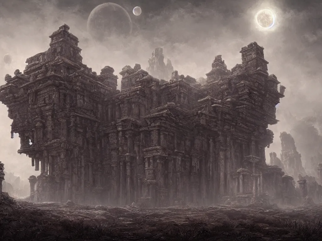 Prompt: an ancient crumbling overgrown temple, a moonlit steppe, ((in the style of shadow of the colossus)), by tyler edlin, by gustave dore, blood moon, 💀, matte painting