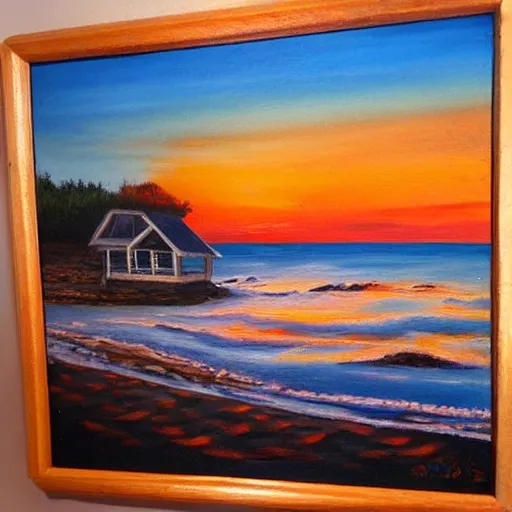 Prompt: sunset over a wooden cabin on the coast, sea, oil painting, very detailed, colorful