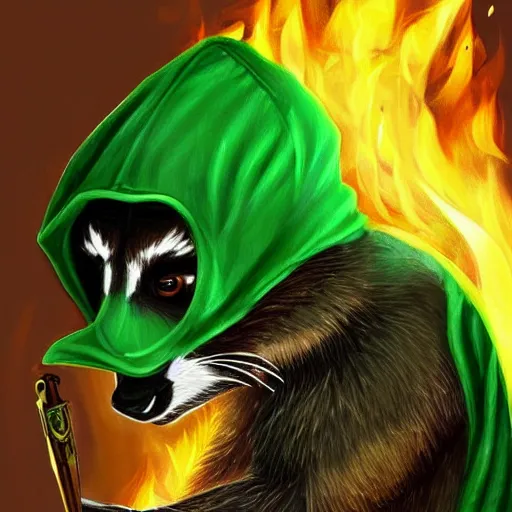Image similar to a raccoon in a green, hooded rouge outfit with gold accents holding dagger made of fire, trending on art station