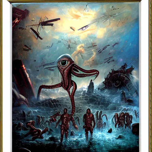 Image similar to alien invasion, fall of rome, epic painting