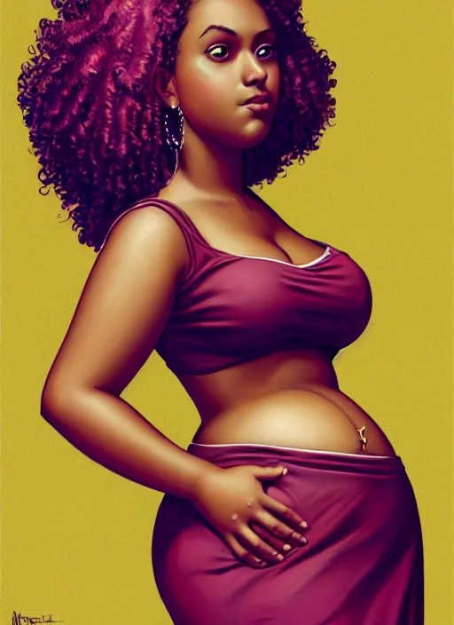 Image similar to full body portrait, teenage vanessa morgan, pink hair, brown skin, obese, curly pixie hair, sultry, realistic, short hair, hoop earrings, skirt, shirt, fat, belly, intricate, elegant, highly detailed, digital painting, artstation, concept art, smooth, sharp focus, illustration, art by wlop, mars ravelo and greg rutkowski