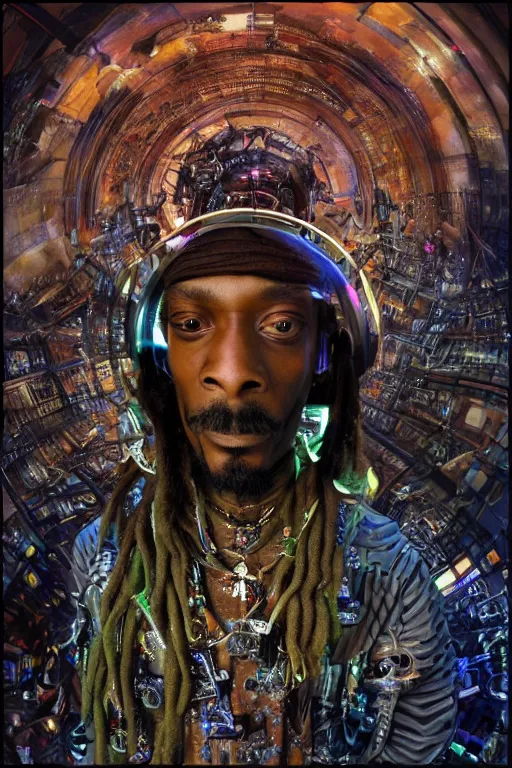 Prompt: a fisheye lens photo of a post apocalyptic tribal cyborg snoop dogg tweaking and playing synthesizers in the most complicated and technical spiral fractal musical studio, powerful, cinematic, beautifully lit, by donato giancola, by artgerm, by karol bak, 3 d, perfect face and body, trending on artstation, octane render, 8 k