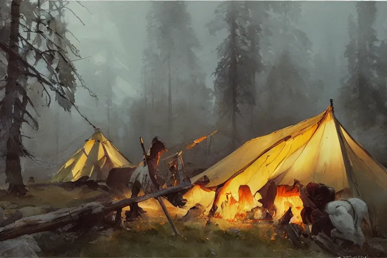 Prompt: small centered on white watercolor paper, paint brush strokes, abstract watercolor painting of scandinavian hunter tent camp, smoking log fire, midday sharp light, cinematic light, american romanticism by hans dahl, by jesper ejsing, by anders zorn, by greg rutkowski, by greg manchess, by tyler edlin