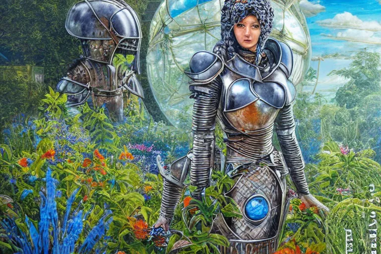 Prompt: detailed female knight errant in a high tech botanical world with blue skies| pristine metals, glass and plants | solarpunk | style of johfra bosschart, jeff easley, Vincent Callebaut | artstation | high detail |