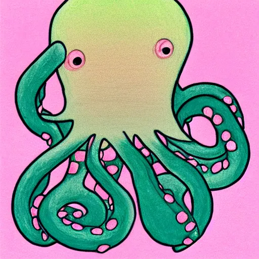 Prompt: multicolor drawing of a sad octopus wearing a pink hatin 4 k ultra high resolution, with arcane style with depressive feeling