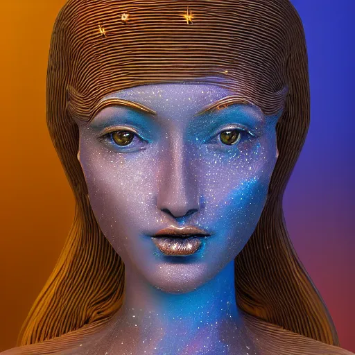 Image similar to sponge sculpture goddess of space, beauty, pretty face, glossy skin, stars, soft light, hdri, smooth, sharp focus, fantasy, intricate, elegant, highly detailed, 8 k