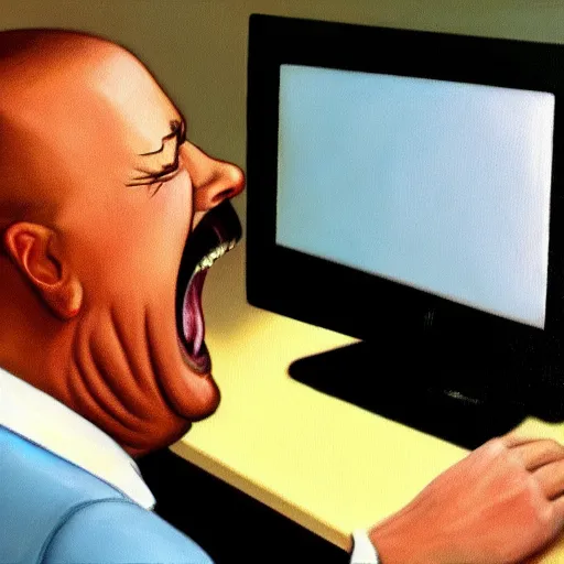 Image similar to an angry man yells at his computer monitor, oil on canvas, highly detailed, high resolution