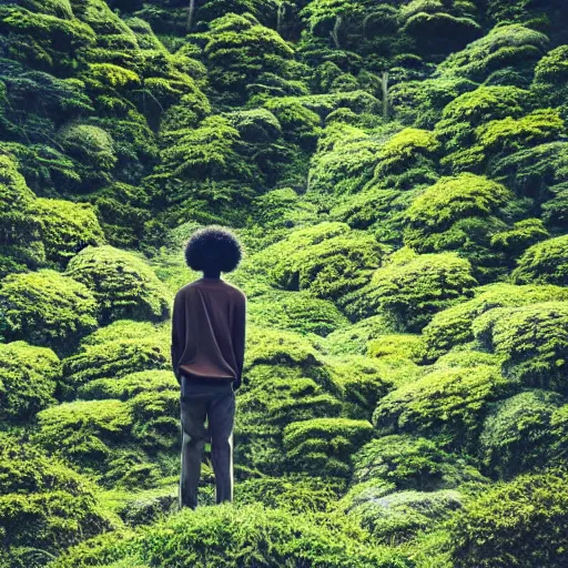 Prompt: dark skin man in studio ghibli film, standing alone in the middle of nature, dreamy, wide shot, intricate details, curly hair