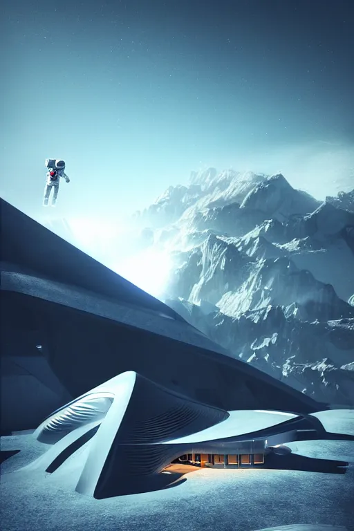 Image similar to a futuristic scene with an astronaut in front of a zaha hadid building in the french alps @ in the style of chris moore, cinematic matte painting, extreme detail photo quality, dark moody colors, featured on behance