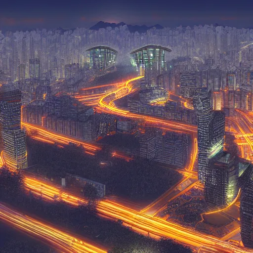 Image similar to seoul city night view.Hyperdetailed. Ghibli style. Artstation. Hyper realism. 16k resolution