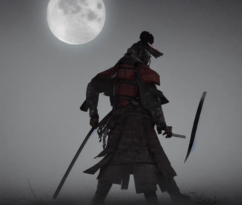 Image similar to '2d design graphic a samurai in the night ,big white moon background , gloomy and foggy atmosphere, octane render, artstation trending, horror scene, highly detailded'