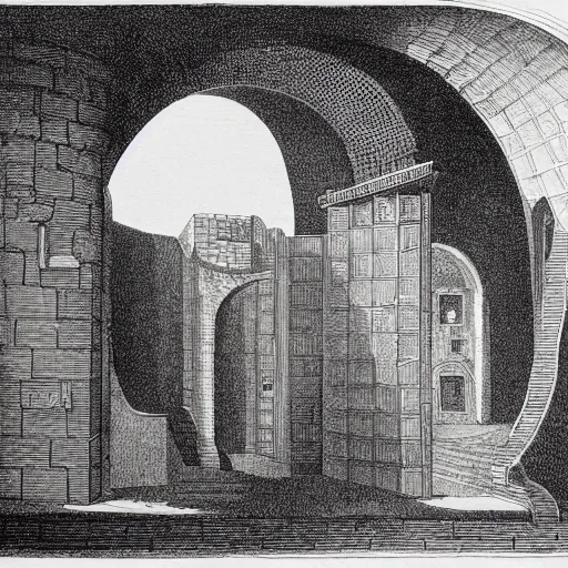 Image similar to an etching illustration of a strange underground endless stone chamber with staircases, arches, and portcullises fading into the distance, by Piranesi and M.C. Escher