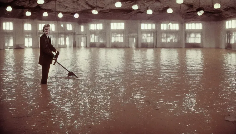 Prompt: 7 0 s movie still of an old violonist standing in a soviet ballroom flooded in mud, cinestill 8 0 0 t 3 5 mm eastmancolor, heavy grain, high quality, high detail