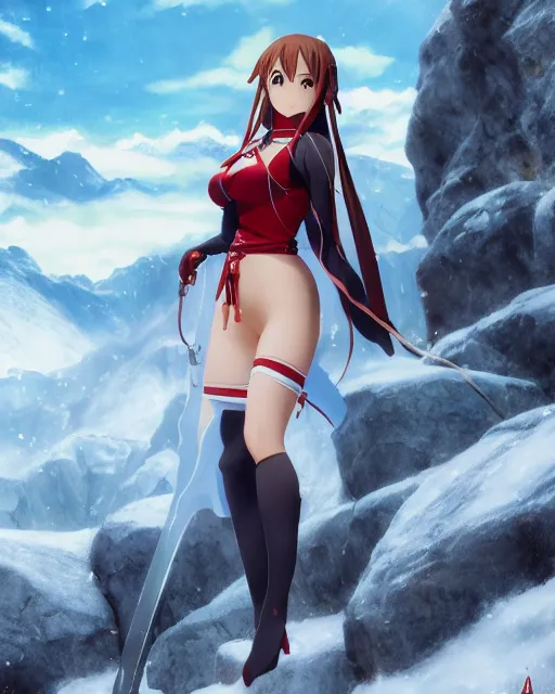 Image similar to pinup photo of asuna from sao in the ice mountains, asuna by a - 1 pictures, by greg rutkowski, gil elvgren, enoch bolles, glossy skin, pearlescent, anime, very coherent, maxim magazine, 3 d, vray, unreal 5, octave rendey, maya, cgsociety, dslr