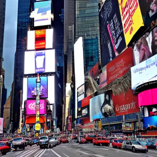 Image similar to velociraptor in Times Square, real photo