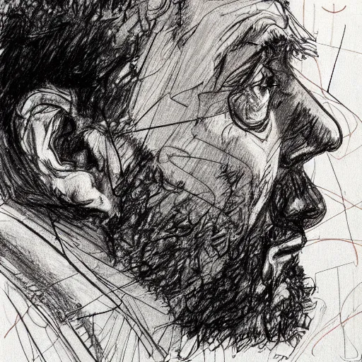 Image similar to a realistic yet scraggly portrait sketch of the side profile of a stern and sophisticated michael rosen, trending on artstation, intricate details, in the style of frank auerbach, in the style of sergio aragones, in the style of martin ansin, in the style of david aja, in the style of mattias adolfsson