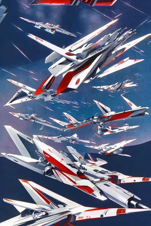 Image similar to a group of vf - 1 valkyrie robotech veritech fighters flying next to each other, poster art by syd mead, behance, retrofuturism, dynamic composition, poster art, glitch art
