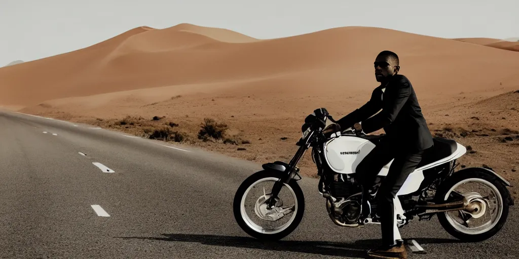 Image similar to Frank ocean wearing a black and white suit, riding a motorcycle in the desert on a road