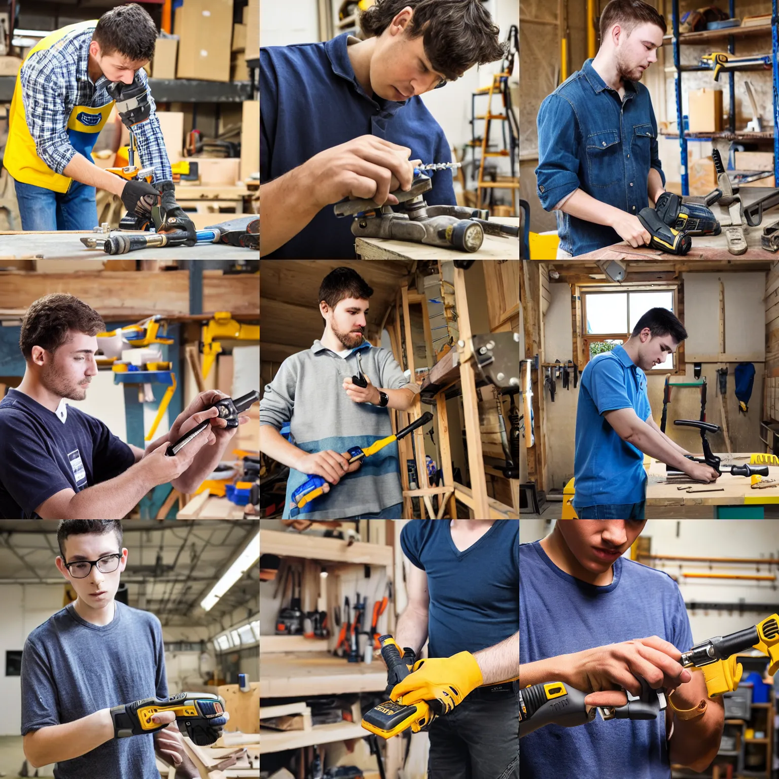 Prompt: a young man using stanley tools, he has many arms and hands holding different tools, very wide angle, in a workshop