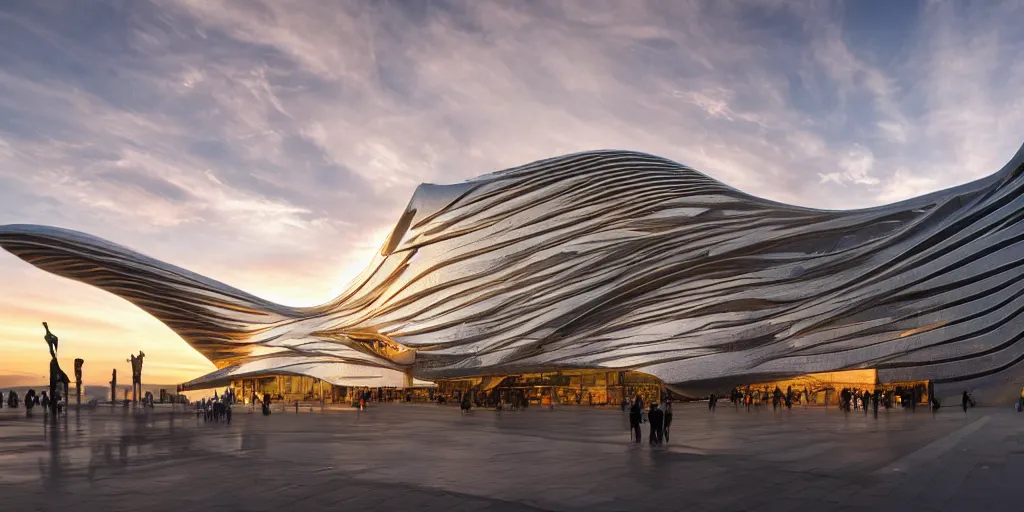 Image similar to extremely detailed ornate stunning sophisticated beautiful elegant futuristic museum exterior by Zaha Hadid, stunning volumetric light, beautiful sunset, tail lights