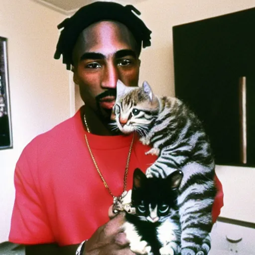 Image similar to 1 5 mm wide - angle lens photo of tupac in 1 9 9 0 new york holding a kitten up to the camera, 4 k