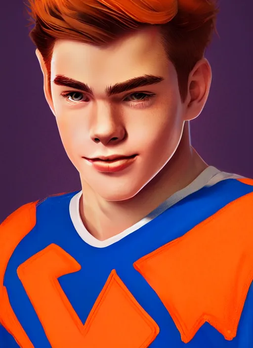 Image similar to friendly teenage archie andrews wearing an orange superhero costume with heart logo, freckles, pureheart the powerful, heart emblem on chest, blue cape, intricate, elegant, glowing lights, highly detailed, digital painting, artstation, sharp focus, illustration, art by wlop, mars ravelo and greg rutkowski