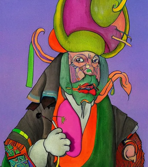 Image similar to Portrait painting in a style of Hieronim Bosch of an old shaman dressed in a colorful traditional clothes. Psychodelic