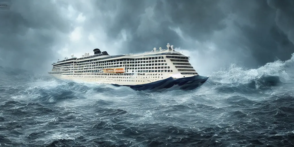Prompt: the cruise ship sinken lying on its side in sea, dark, storm, thunderstorm unreal engine Hight detailed An epic fantastic realism dinamic lighting
