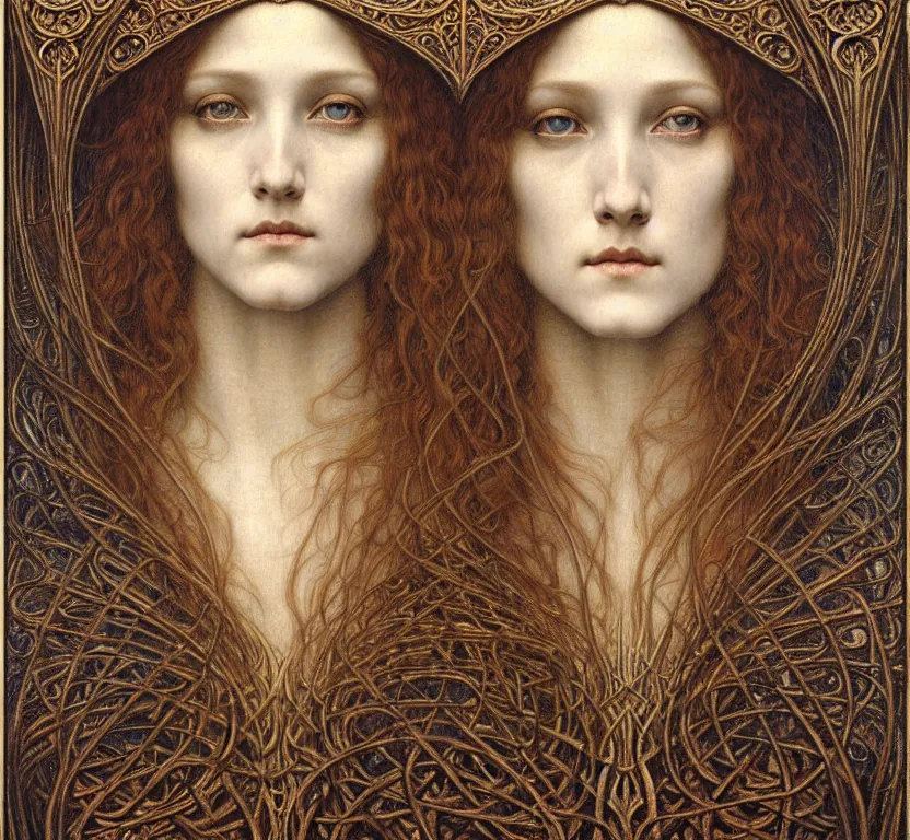 Image similar to detailed realistic beautiful young medieval queen face portrait by jean delville, gustave dore and marco mazzoni, art nouveau, symbolist, visionary, gothic, pre - raphaelite. horizontal symmetry