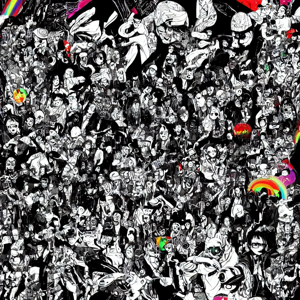 Image similar to faceless human figures, kazuo umezu artwork, jet set radio artwork, stripes, tense, space, cel - shaded art style, broken rainbow, ominous, minimal, cybernetic, cowl, dots, stipples, thumbprint, dark, eerie, motherboards, crosswalks, guts, folds, tearing