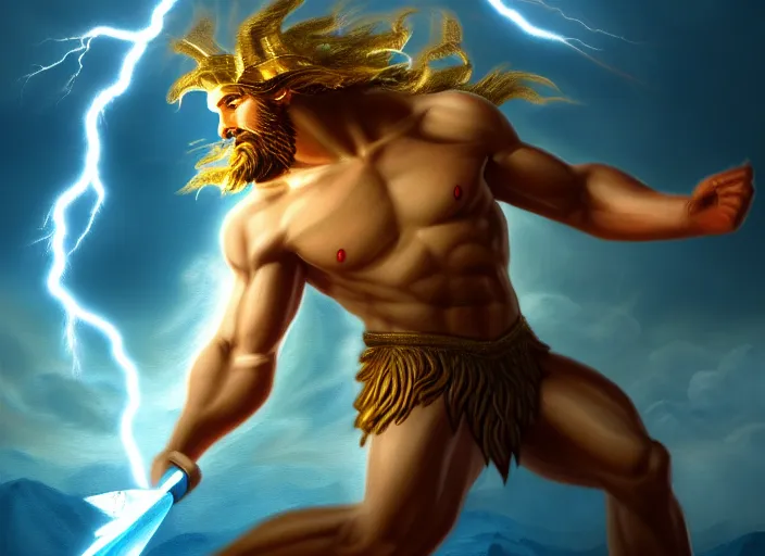 Image similar to soft painting of zeus fighting chronos with a spear of lightning at the top of mount olympus. fantasy style. highly detailed 8 k. intricate. lifelike. soft light. nikon d 8 5 0 5 5 mm. dof. cinematic post - processing.