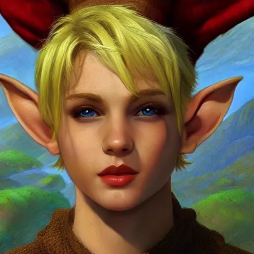 Image similar to close up headshot of a fantasy elf with short blonde hair, small ears and a strong jawline, 3/4 profile, character art, concept art, painting by Edward Robert Hughes