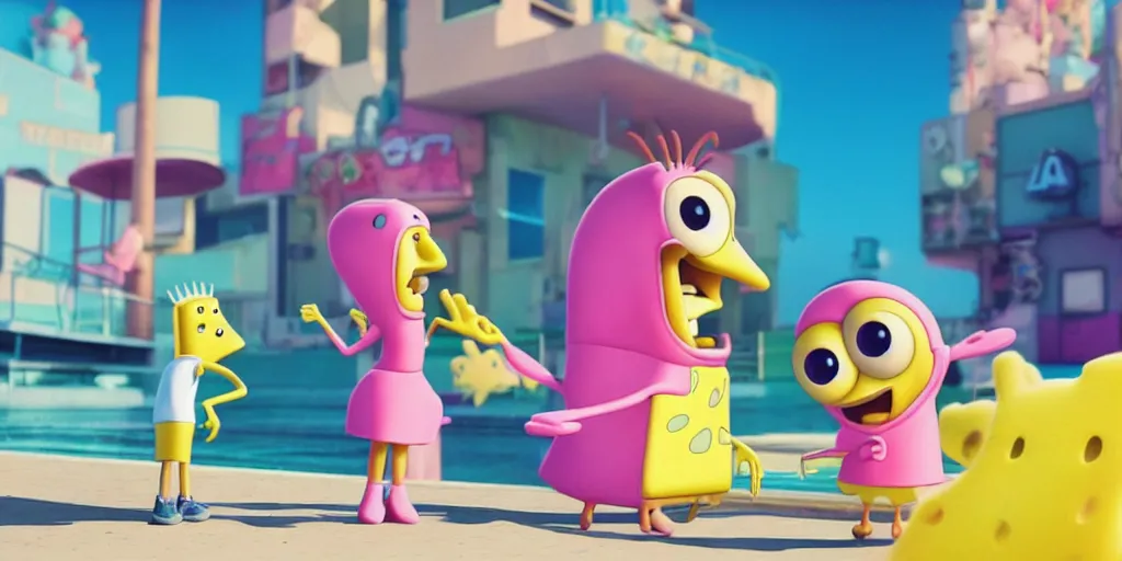 Image similar to “animated Ariana grande and SpongeBob hanging out. 4. Octane render, 4k, 8k, unreal 5, very detailed, hyper realism, trending on artstation.”
