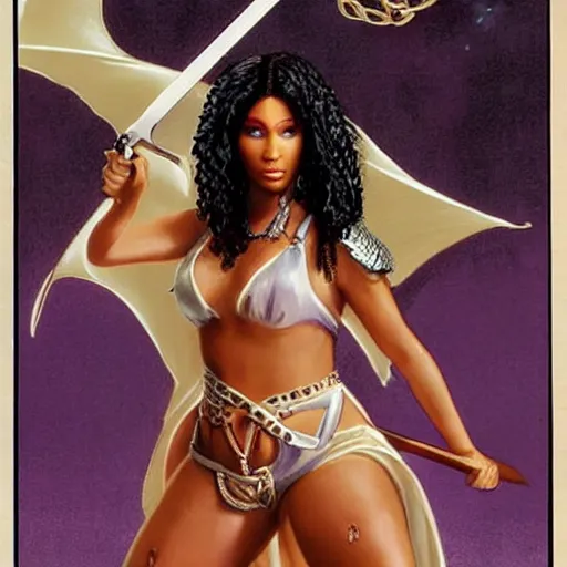 Prompt: 1 9 8 0 s fantasy novel book cover, nicki minaj in a string bikini holds a huge sword ready to fight a dragon
