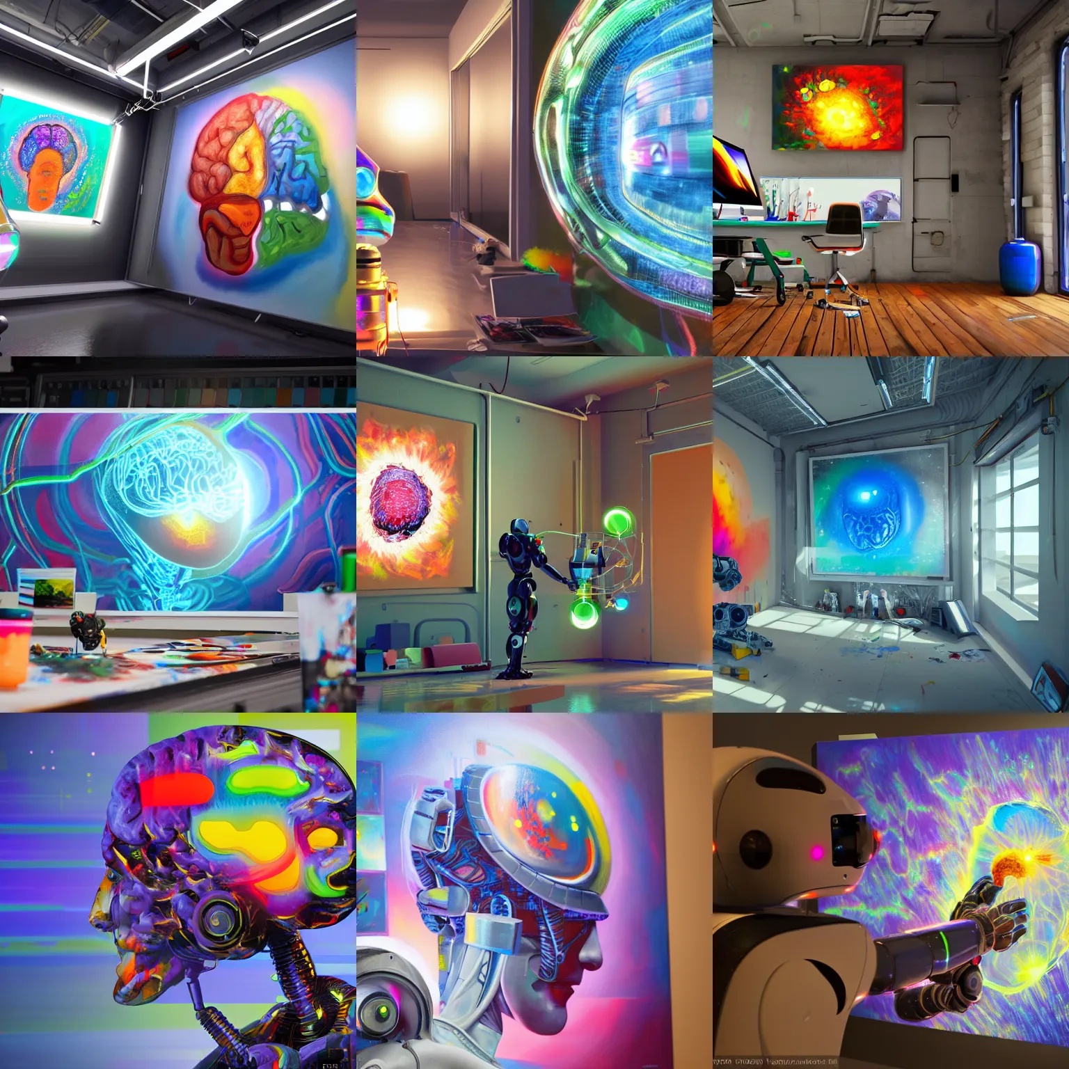 Prompt: photorealistic illustration of a sci - fi robot painting a colorful picture of a human brain on a canvas in a modern artist studio, unreal engine