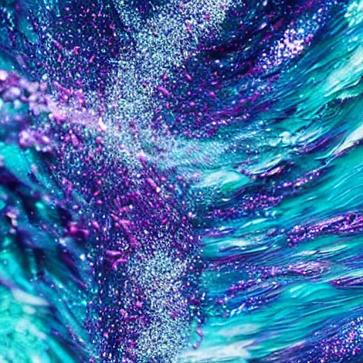 Image similar to glitter and painting mixing underwater turbulence, macro-photography, slow-motion capture