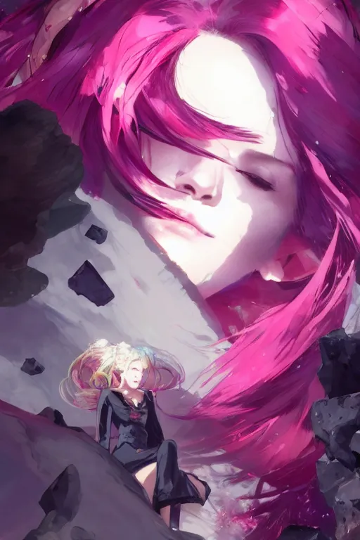 Image similar to A beautiful woman with magenta hair covering an eye basking in the moonlight on a bed of obsidian crystals below planets, tall tree, cinematic lighting, dramatic atmosphere, by Dustin Nguyen, Akihiko Yoshida, Greg Tocchini, Greg Rutkowski, Cliff Chiang, 4k resolution, trending on artstation