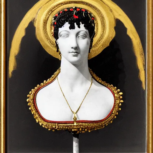 Prompt: portrait of cleopatra made of white marble and black onyx fusion, gold and red splatters, by michelangelo,