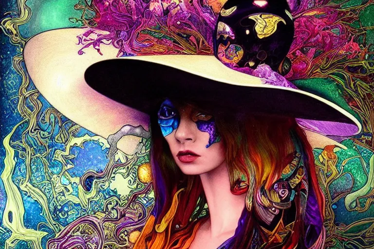 Image similar to An extremely psychedelic celestial undertaker in his black fedora hat, colorful, surreal, dramatic lighting, magic mushrooms, psilocybin, LSD, face, detailed, intricate, elegant, highly detailed, digital painting, artstation, concept art, smooth, sharp focus, illustration, art by Krenz Cushart and Artem Demura and alphonse mucha