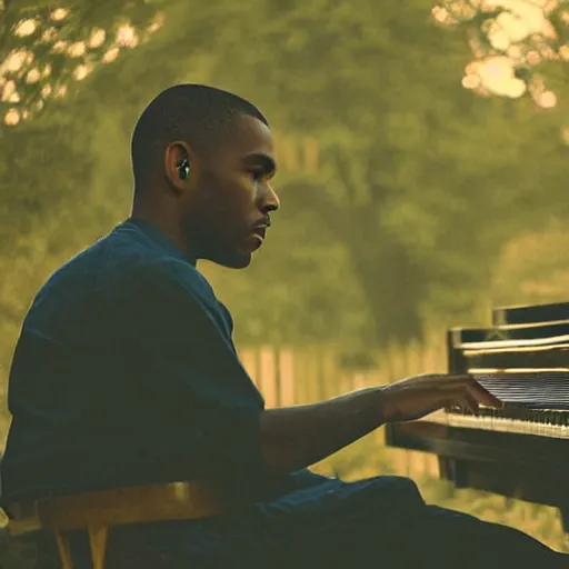 Prompt: Frank Ocean playing the piano in the middle of a garden by Wes Anderson, vintage camera, dreamy, atmospheric, golden hour, cinematic lighting, 8K concept art, melancholy