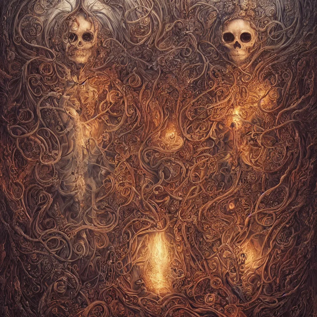 Image similar to A beautiful detailed orixa, tarot card, by tomasz alen kopera and Justin Gerard, symmetrical features, ominous, magical realism, texture, intricate, ornate, royally decorated, skull, skeleton, whirling smoke, embers, red adornements, red torn fabric, radiant colors, fantasy, trending on artstation, volumetric lighting, micro details, 3d sculpture, ray tracing, 8k, anaglyph effect