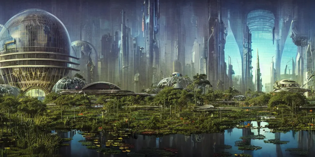 Prompt: cyberpunk architecture metropolis with glass dome, full of light, minature landscape, full of plants and a pond with water lilies by chiara bautista, beksinski and norman rockwell and greg rutkowski weta studio, and lucasfilm