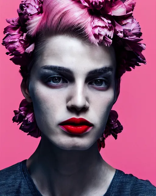 Image similar to androgynous portrait, close-up, high sharpness, zeiss lens, fashion photo shoot, peony flowers, pink hair, red lipstick, on metal background, Annie Leibovitz and Steve McCurry, David Lazar, Zhong Lin, Jimmy Nelsson, Eiko Hosoe , artistic, hyper-realistic, beautiful face, octane rendering