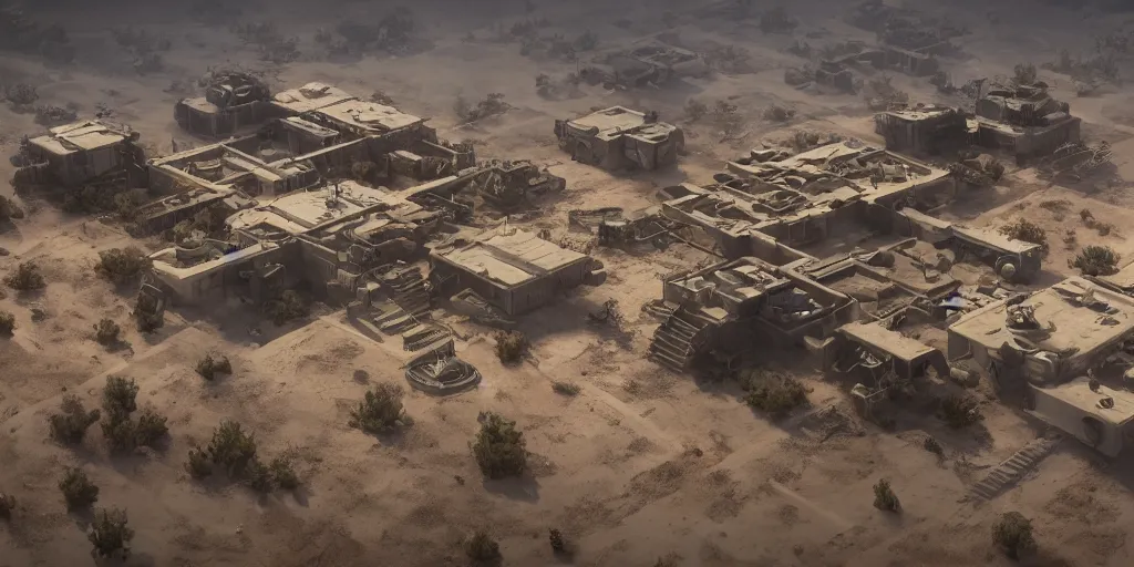 Prompt: world war 5 high tech base in a desert, unreal 5, hyperrealistic, realistic, photorealistic, dynamic lighting, highly detailed, cinematic landscape, studio landscape, studio lighting