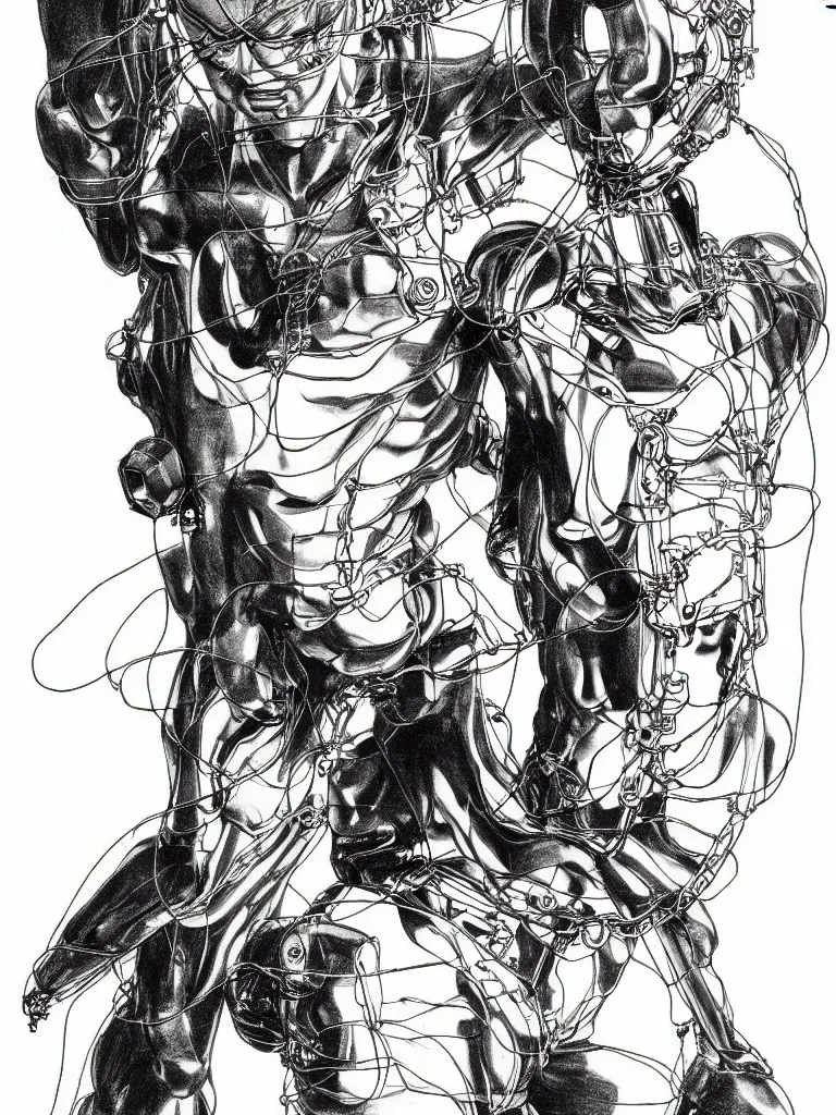 Prompt: prompt: Fragile looking figure, portrait face drawn by Katsuhiro Otomo, full body character drawing, inspired by Evangeleon and Akira 1988, cyborg and wire details parts with details, clean ink detailed line drawing, intricate detail, manga 1990, golden ration composition