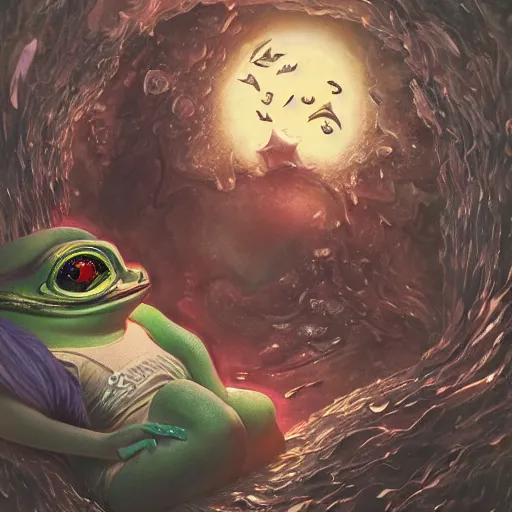 Image similar to plasticine wet shiny angles, crystal, moonlit, mirrors, camera angled dramatically, realistic hyperdetailed design of pepe the frog meme, ferocious, chinese mythology, victo nga, fumo yoshitoshi, ren jing jeong, feifei ruan, peter mohrbacher, takato yamamoto