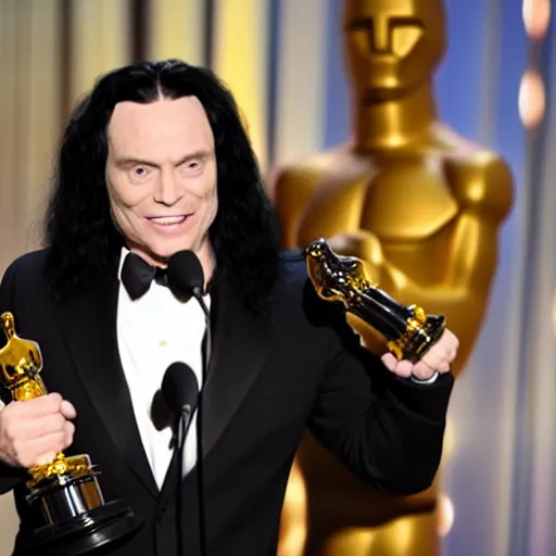 Image similar to “tommy wiseau accepting an Oscar award”