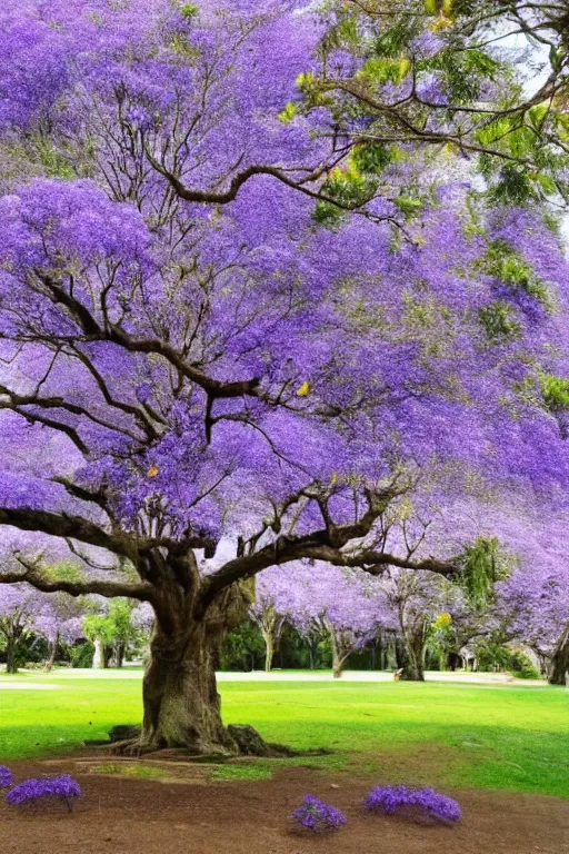 Prompt: huge world jacaranda tree with purple colored flowers, + lightning bolt, + antique,