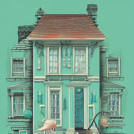 Image similar to people looking at a house, intricate, elegant, highly detailed, vector illustration, artstation, concept art, smooth, sharp focus, illustration, art by jonny wan, sea green color scheme