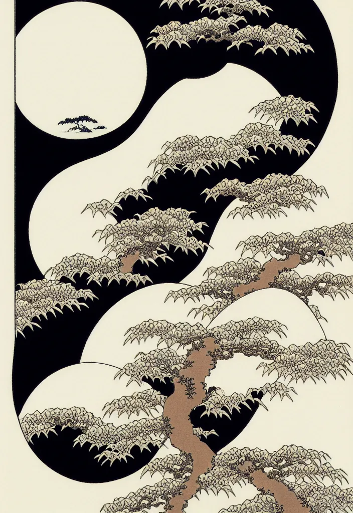 Image similar to prompt: white Bonsai tree holding and merging into big moon drawn by Takato Yamamoto, Japanese woodblock print style of Hokusai, white moon and black background, clean ink detailed line drawing, intricate detail, manga 1990